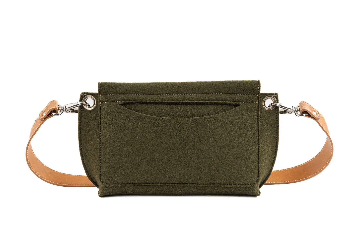 GREGOR Moss Green Beltbag: Compact yet roomy, made from 3mm merino wool felt with vegan leather. Features two external pockets for large phones, a small internal pocket, and a secure flap with magnetic buttons. Versatile with an adjustable strap for various wear options. Handmade in Italy and includes a dust bag. - Lefrac