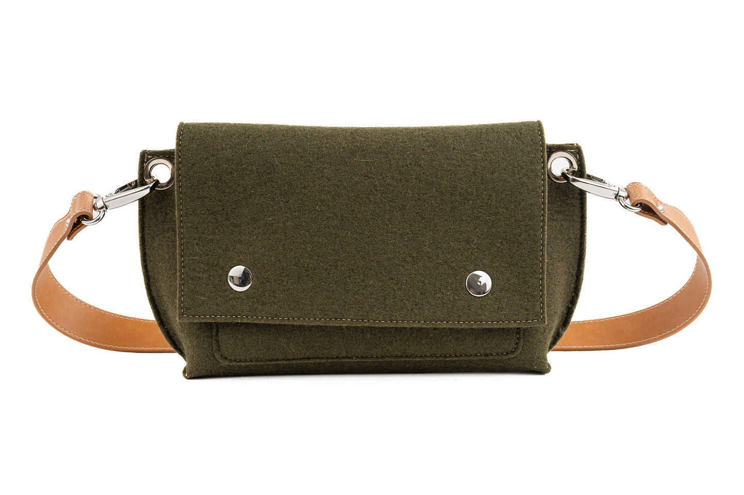 GREGOR Moss Green Beltbag: Compact yet roomy, made from 3mm merino wool felt with vegan leather. Features two external pockets for large phones, a small internal pocket, and a secure flap with magnetic buttons. Versatile with an adjustable strap for various wear options. Handmade in Italy and includes a dust bag. - Lefrac