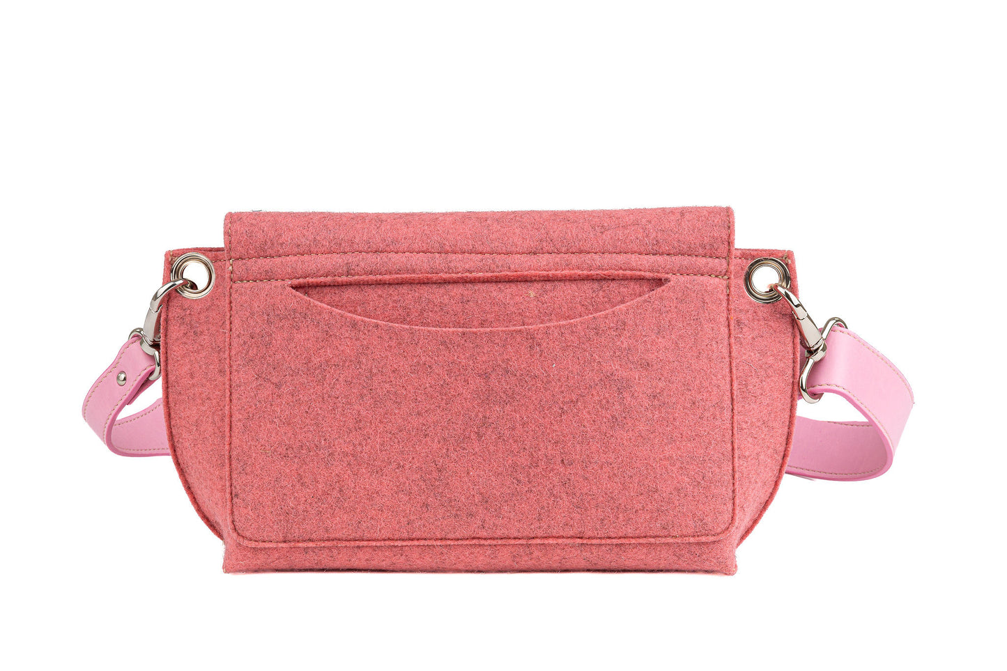 GREGOR Pink Beltbag: Light and compact with surprising space, made from 3mm merino wool felt and vegan leather. Features two external pockets for large phones, a small internal pocket, and a secure flap with magnetic buttons. Versatile adjustable strap for various wear options. Handmade in Italy. Includes dust bag. - Lefrac