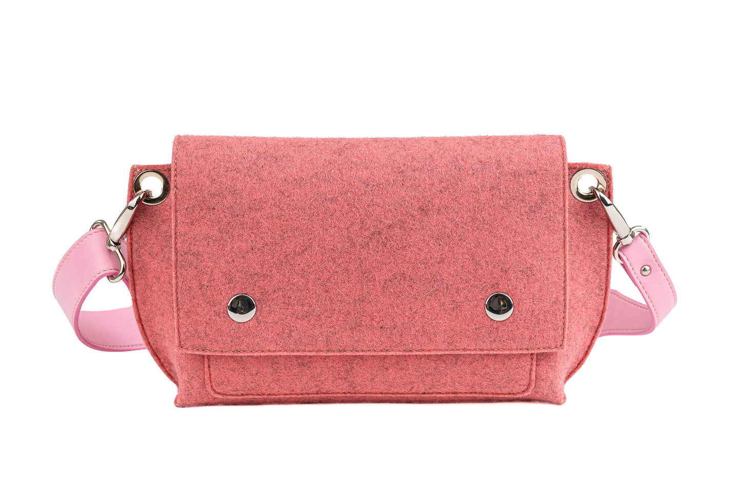 GREGOR Pink Beltbag: Light and compact with surprising space, made from 3mm merino wool felt and vegan leather. Features two external pockets for large phones, a small internal pocket, and a secure flap with magnetic buttons. Versatile adjustable strap for various wear options. Handmade in Italy. Includes dust bag. - Lefrac