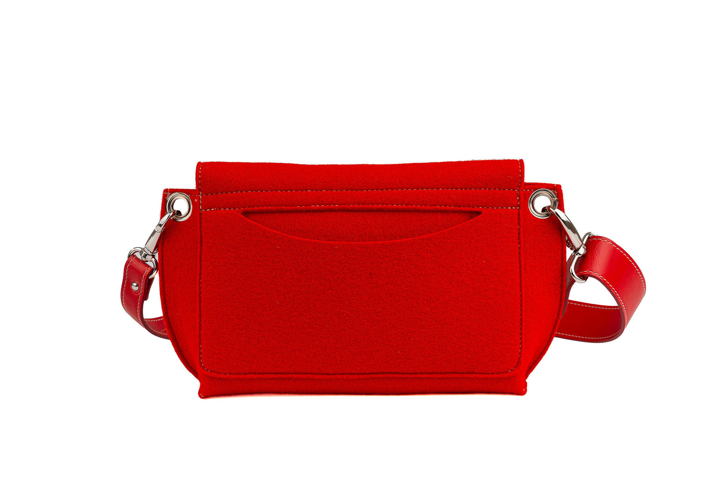 GREGOR Red Beltbag: Compact yet spacious, made from 3mm merino wool felt with vegan leather. Features two external pockets for large phones, a small internal pocket, and a secure flap with magnetic buttons. Adjustable strap for versatile wear. Handmade in Italy. Includes dust bag. - Lefrac