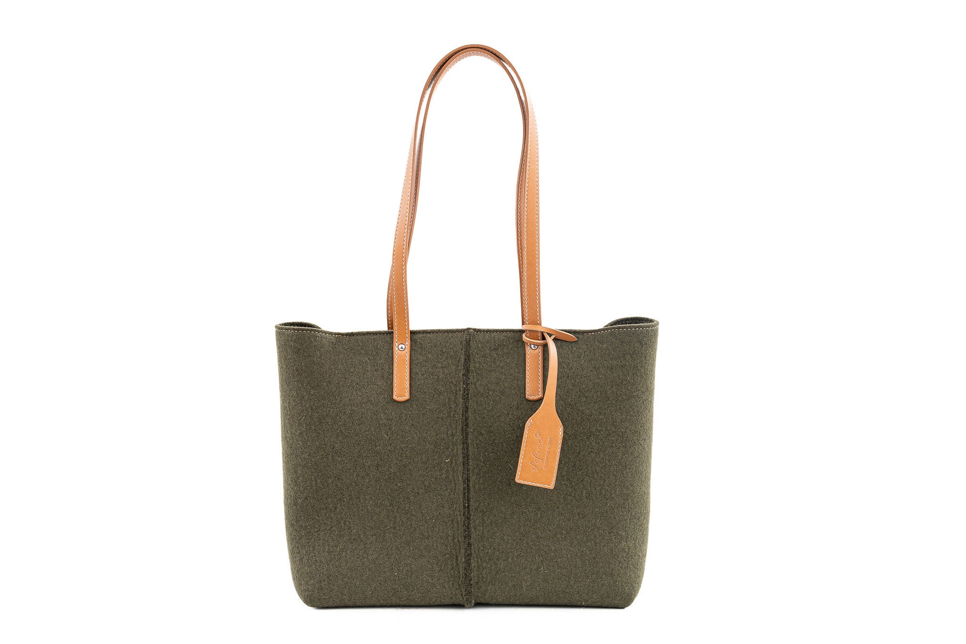 Tote Bag Medium Moss Green made from Merino wool felt and vegan leather, featuring 2 inside pockets, magnetic buttons, and handmade in Italy.