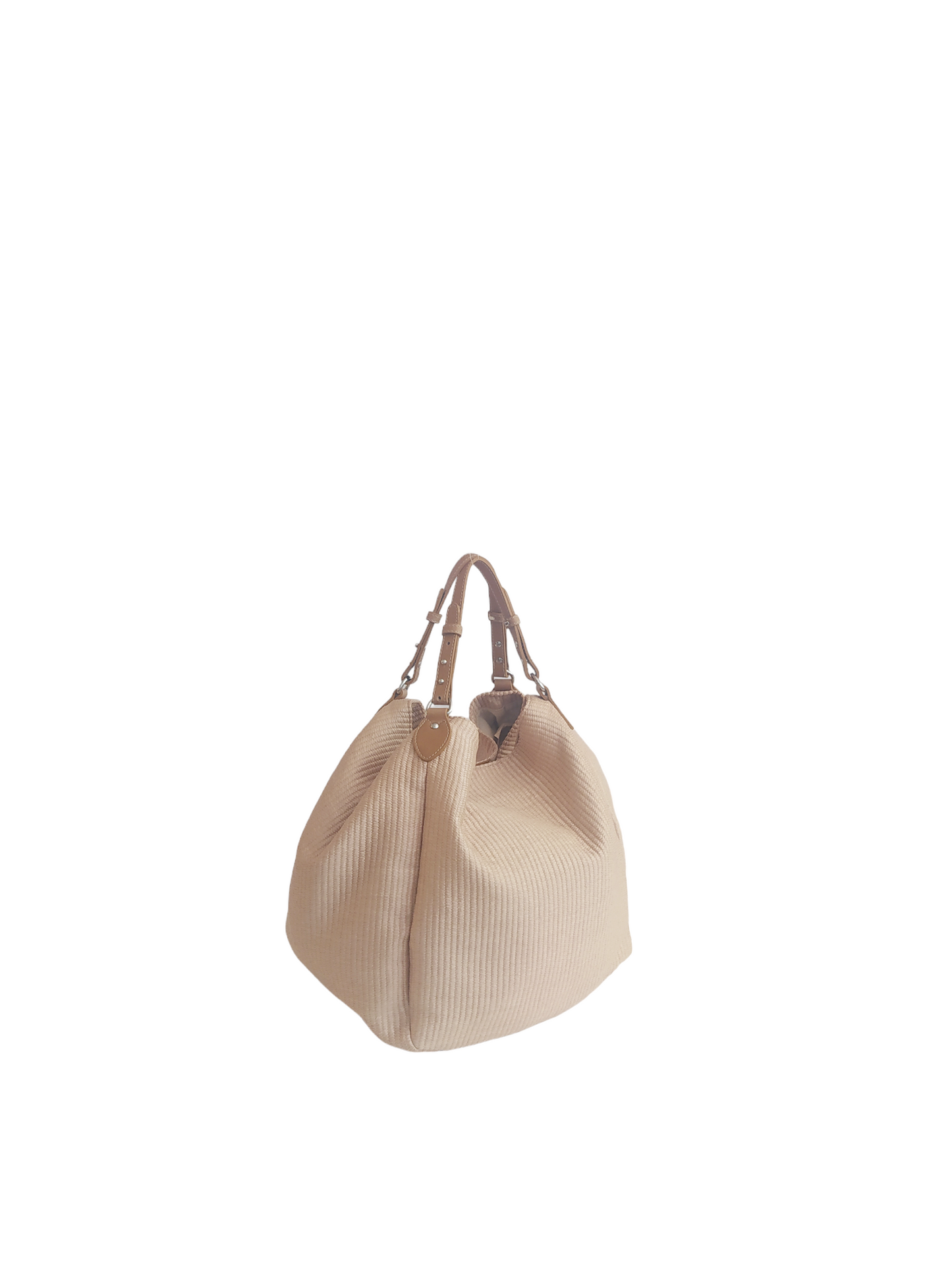Beige Margot bag: large, soft, and lightweight, crafted from cotton with a raffia-like texture. Features vintage-style vegan leather handles, 3 large pockets (one zippered), internal magnetic button, and a leather lace with carabiner for adjustable shape. Measures 36cm H x 36-56cm W x 25cm D. Comes with a dust bag and tracking. Vegan leather is 69% organic materials.- Lefrac