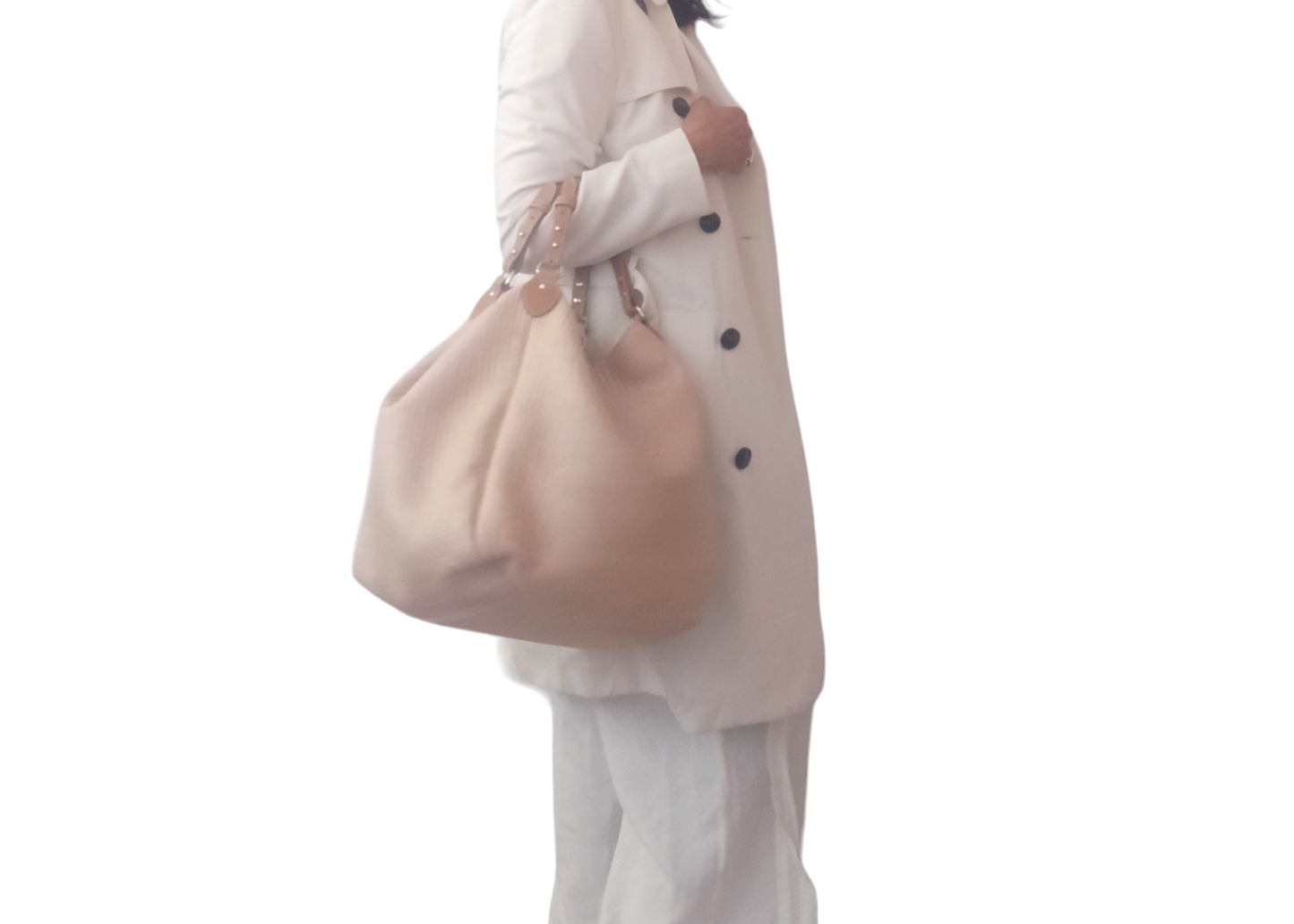 Beige Margot bag: large, soft, and lightweight, crafted from cotton with a raffia-like texture. Features vintage-style vegan leather handles, 3 large pockets (one zippered), internal magnetic button, and a leather lace with carabiner for adjustable shape. Measures 36cm H x 36-56cm W x 25cm D. Comes with a dust bag and tracking. Vegan leather is 69% organic materials.- Lefrac