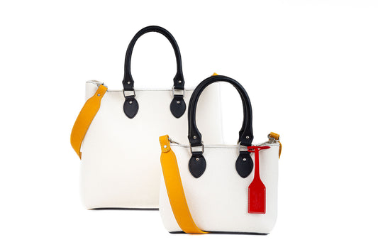 EMMA Multi Color Handbag (Type B-Yellow), elegant and practical with vegan leather handles, detachable strap, roomy pockets, handmade in Italy. - Lefrac