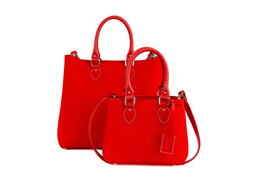 EMMA Red Handbag, elegant and practical with vegan leather handles, detachable strap, roomy interior with 2 pockets, magnetic closures, and handmade in Italy from durable, sustainable Merino wool felt. Ideal for work, shopping, and days out. The bag features a vintage look and eco-friendly materials. - Lefrac