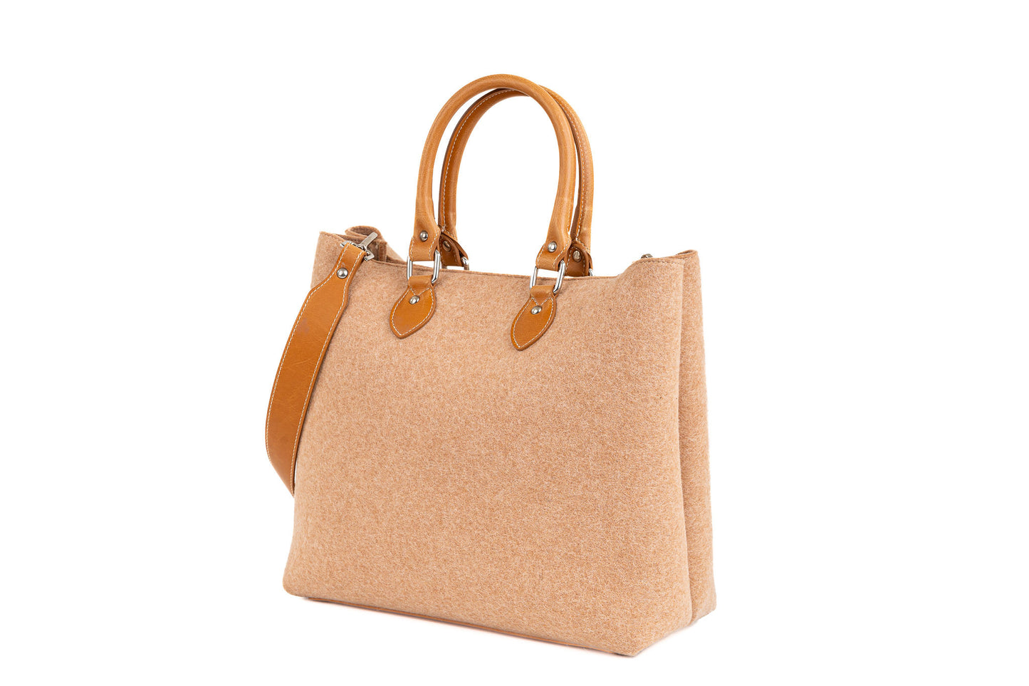 Elegant EMMA bag in merino wool felt with vegan leather handles. Detachable strap, 2 pockets, magnetic closure. Handmade in Italy for any occasion. -Lefrac