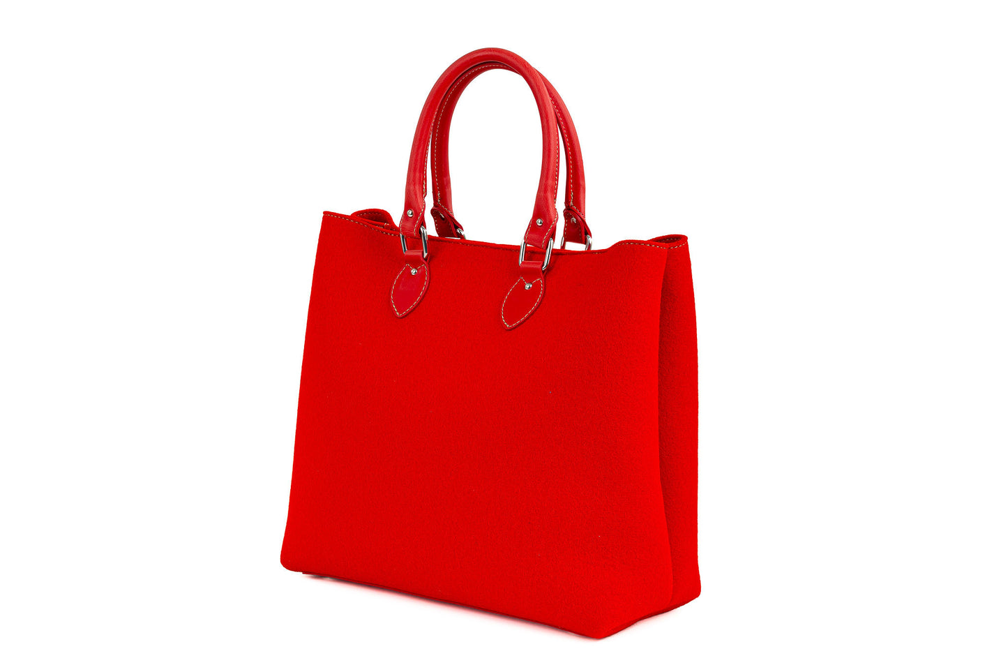 EMMA Red Handbag, elegant and practical with vegan leather handles, detachable strap, roomy interior with 2 pockets, magnetic closures, and handmade in Italy from durable, sustainable Merino wool felt. Ideal for work, shopping, and days out. The bag features a vintage look and eco-friendly materials. - Lefrac
