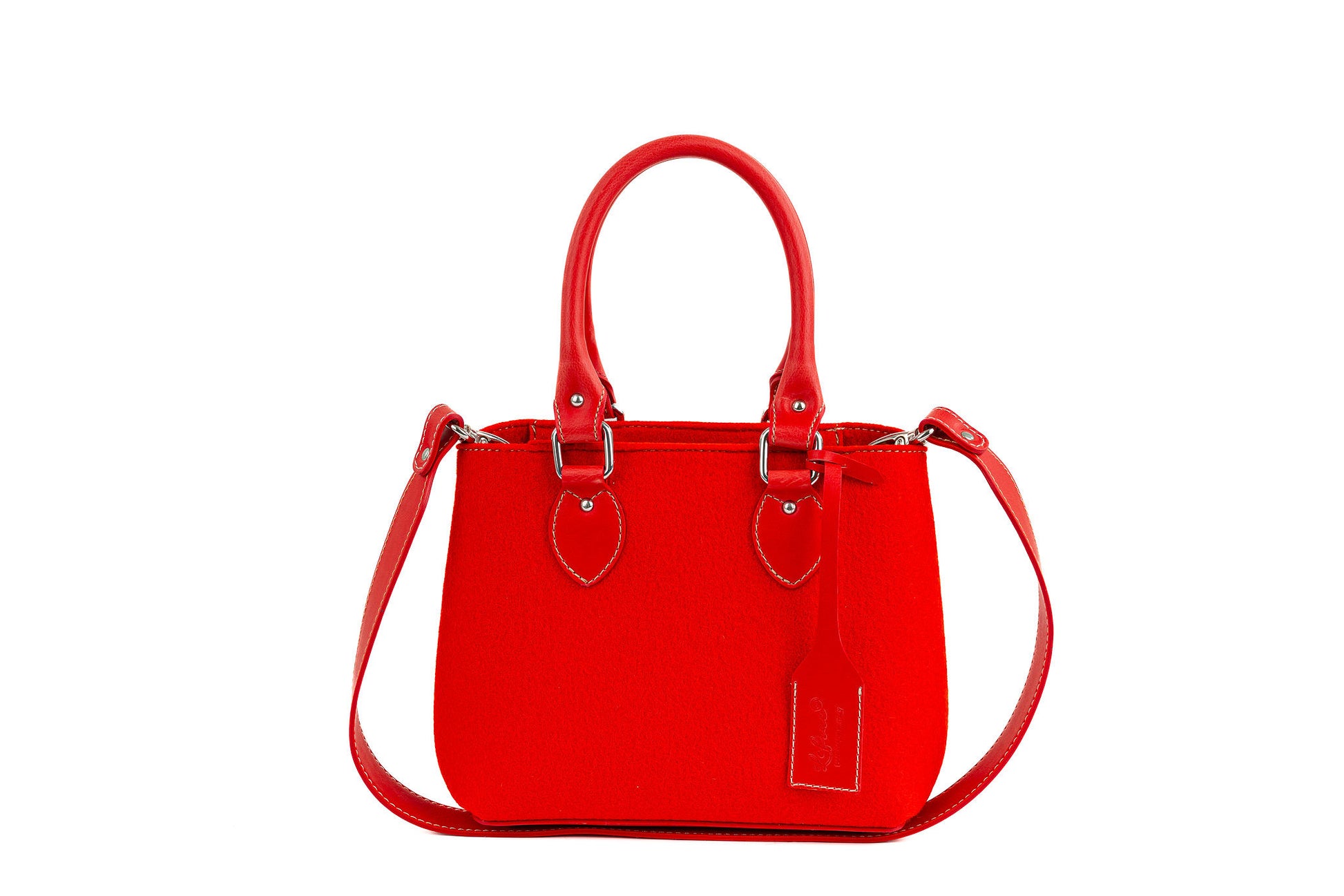 EMMA RED MINI bag, date night size, made of durable 3mm Merino wool felt with vegan leather handles, detachable strap, and 2 roomy pockets. Features a magnetic button closure and vintage style. Handmade in Italy. Sustainable, biodegradable, and eco-friendly materials. Ideal for carrying essentials securely. - Lefrac