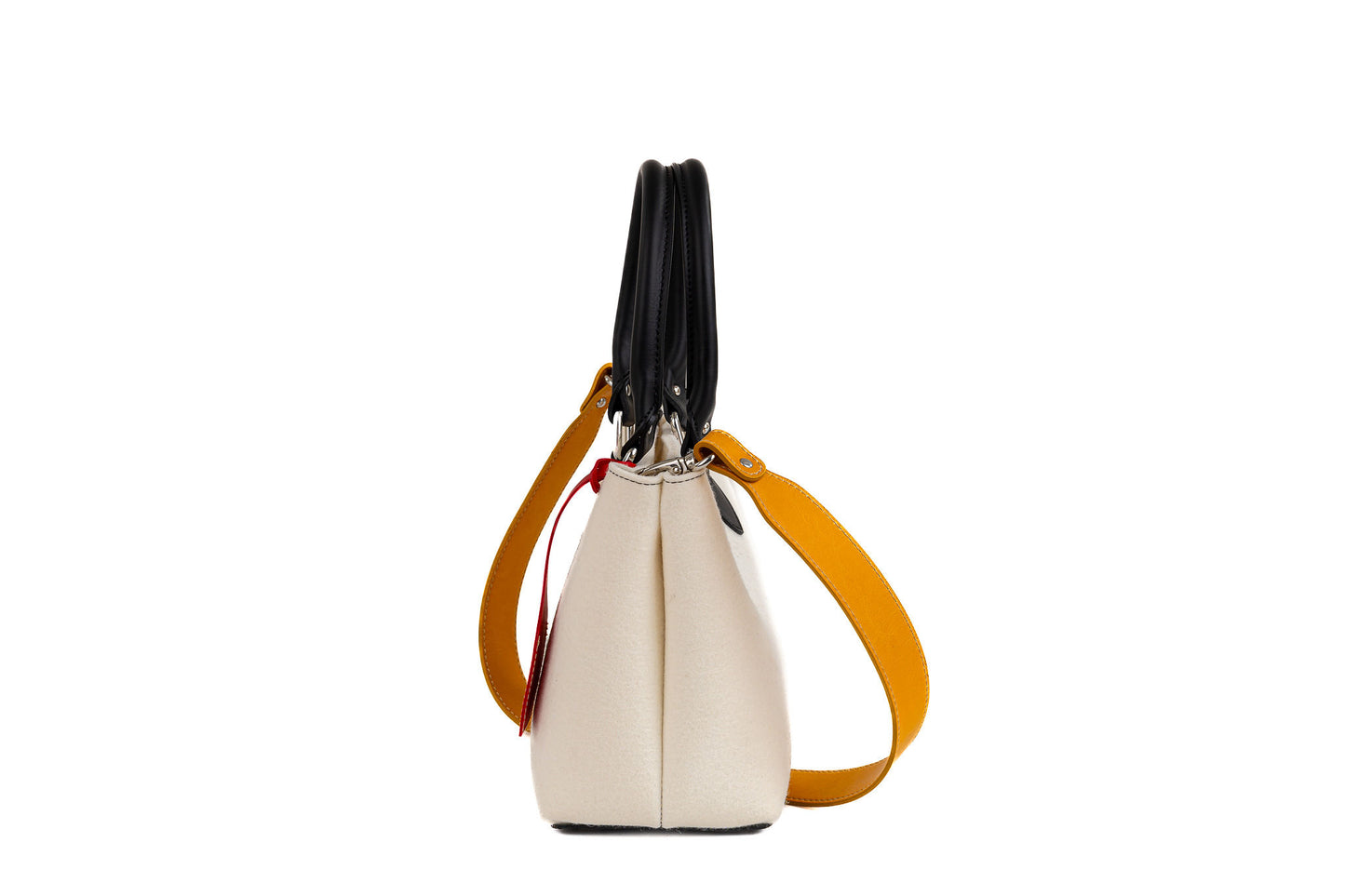 EMMA Red Multi-Color Mini Handbag made from sustainable merino wool felt and eco-friendly vegan leather. Features a vintage-inspired design with a unique worn look, showcasing durability, water resistance, and a blend of vibrant colors. Ideal for a stylish and eco-conscious accessory. - Lefrac