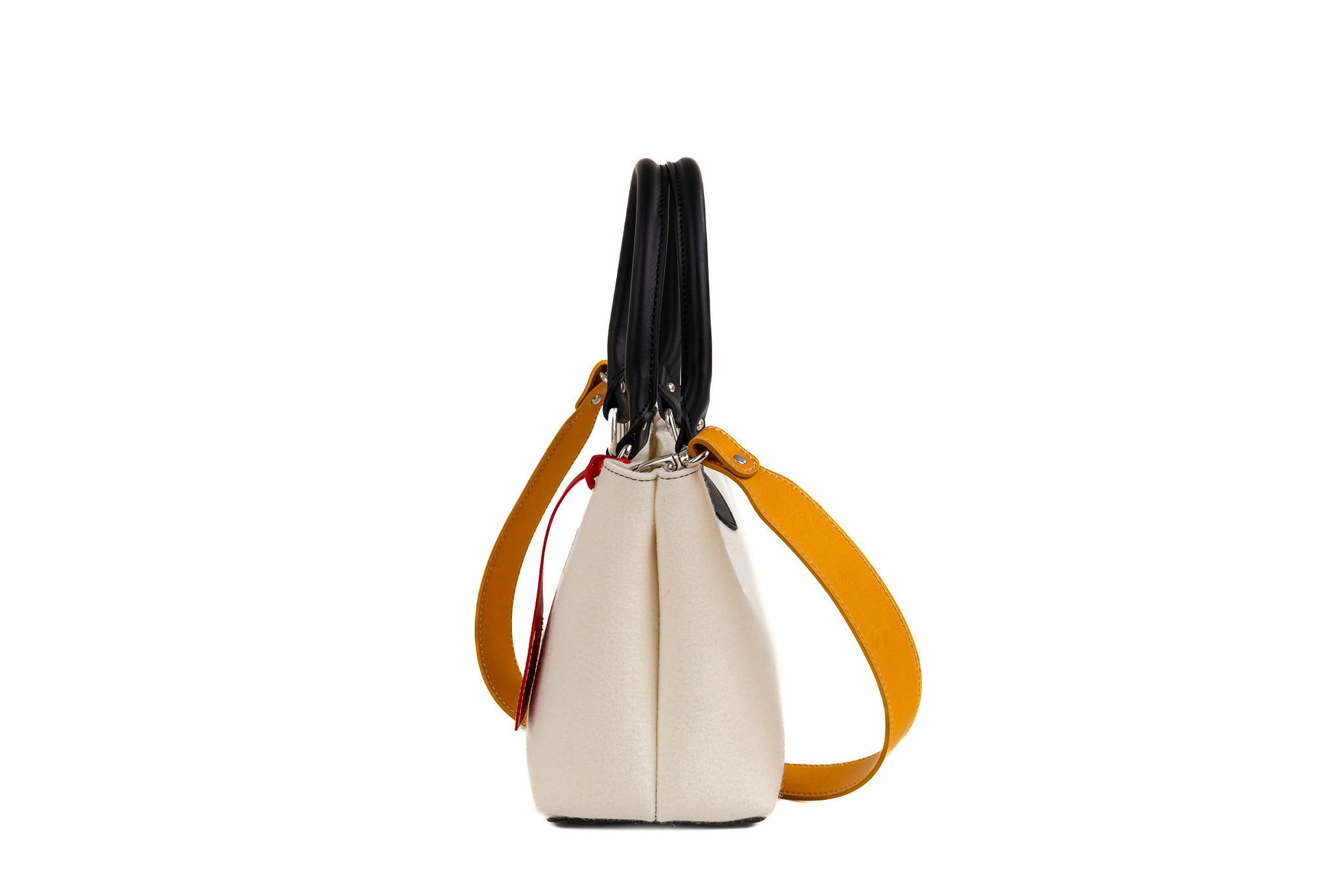 EMMA Red Multi-Color Mini Handbag made from sustainable merino wool felt and eco-friendly vegan leather. Features a vintage-inspired design with a unique worn look, showcasing durability, water resistance, and a blend of vibrant colors. Ideal for a stylish and eco-conscious accessory. - Lefrac