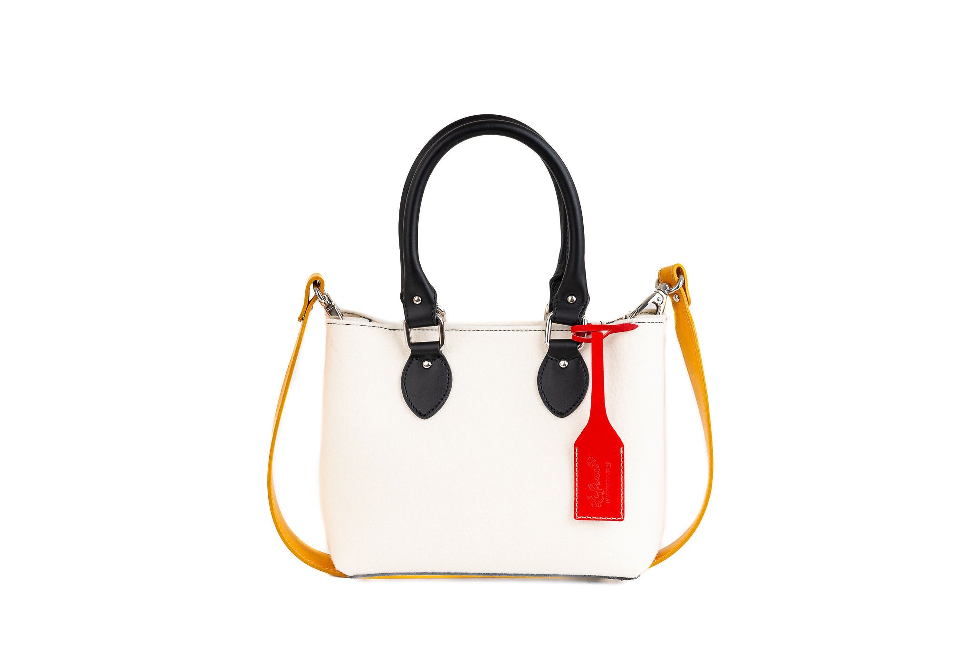 EMMA Red Multi-Color Mini Handbag made from sustainable merino wool felt and eco-friendly vegan leather. Features a vintage-inspired design with a unique worn look, showcasing durability, water resistance, and a blend of vibrant colors. Ideal for a stylish and eco-conscious accessory. - Lefrac