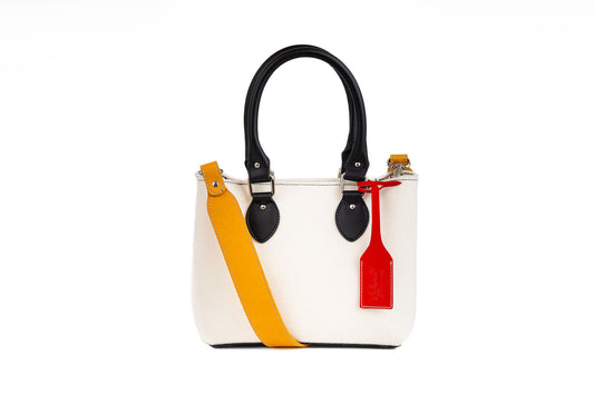 EMMA Red Multi-Color Mini Handbag made from sustainable merino wool felt and eco-friendly vegan leather. Features a vintage-inspired design with a unique worn look, showcasing durability, water resistance, and a blend of vibrant colors. Ideal for a stylish and eco-conscious accessory. - Lefrac