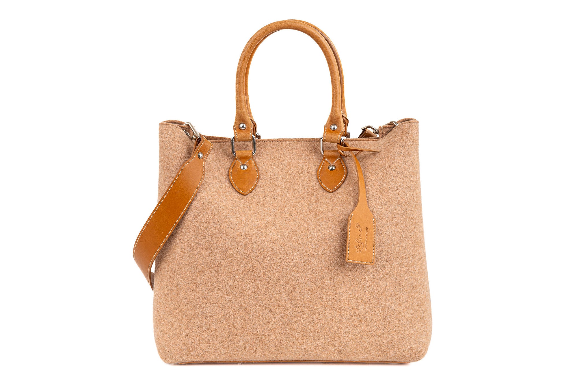 Elegant EMMA bag in merino wool felt with vegan leather handles. Detachable strap, 2 pockets, magnetic closure. Handmade in Italy for any occasion. -Lefrac