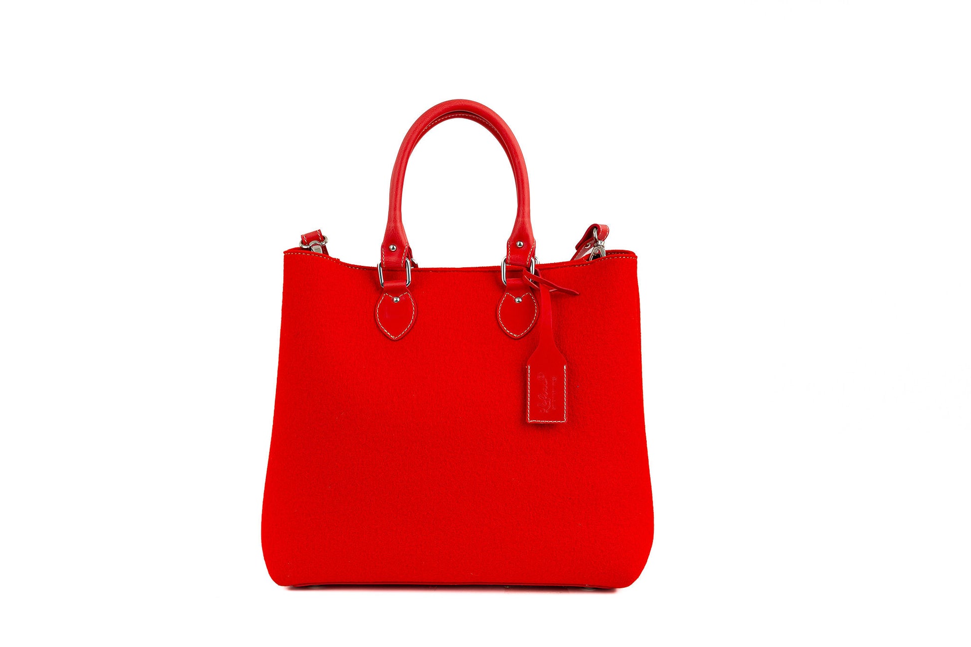 EMMA Red Handbag, elegant and practical with vegan leather handles, detachable strap, roomy interior with 2 pockets, magnetic closures, and handmade in Italy from durable, sustainable Merino wool felt. Ideal for work, shopping, and days out. The bag features a vintage look and eco-friendly materials. - Lefrac