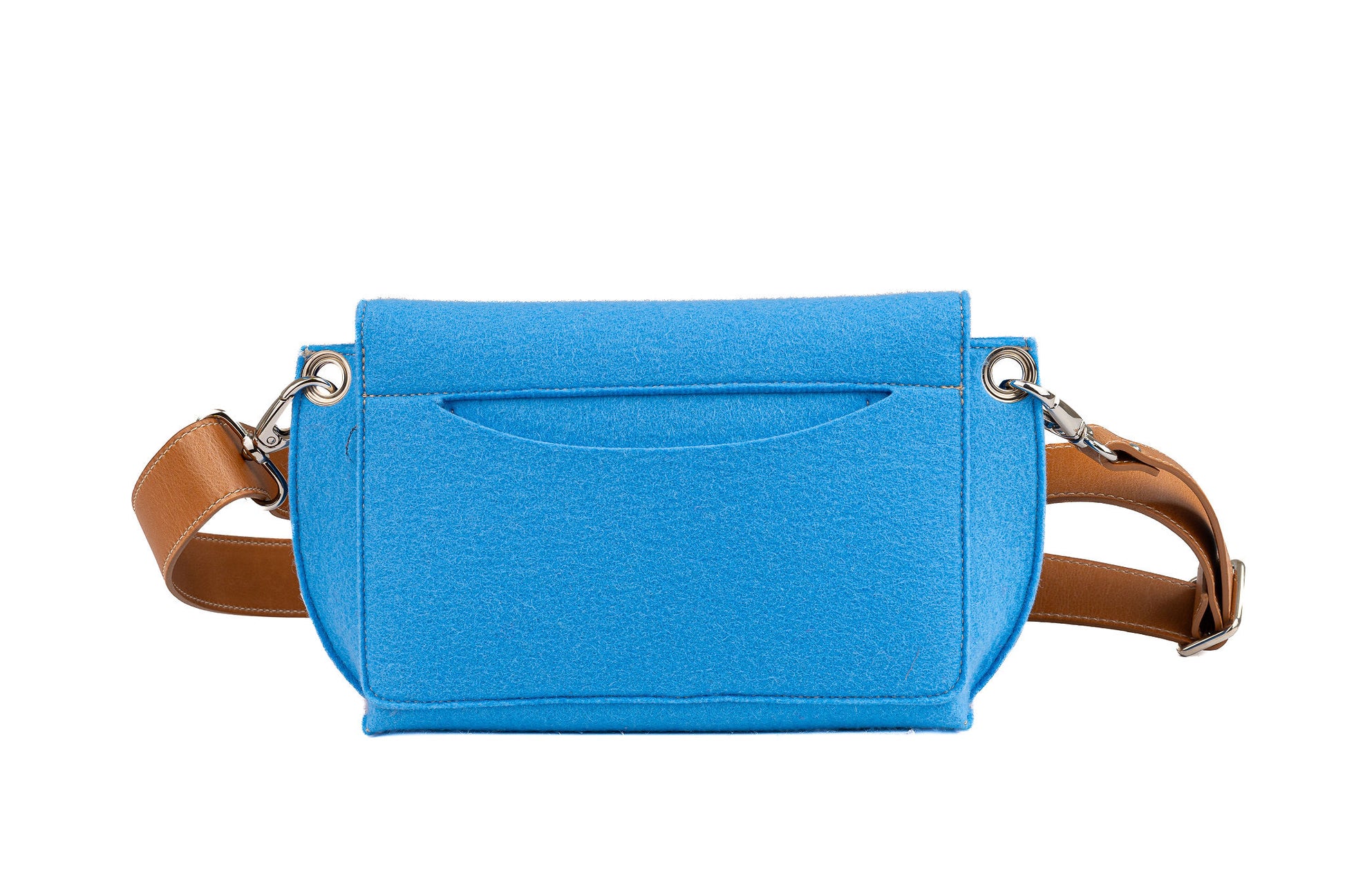 GREGOR Light Blue Beltbag: Compact yet spacious, made from durable 3mm merino wool felt with vegan leather. Features two external pockets for large phones, a smaller internal pocket, and a secure flap with magnetic buttons. Adjustable strap for versatile wear. Handmade in Italy. Includes dust bag. - Lefrac