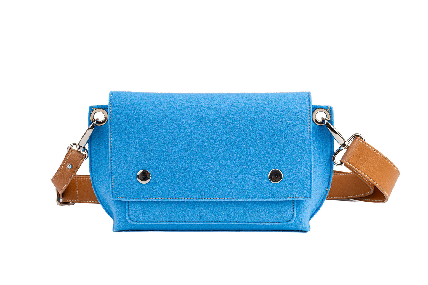 GREGOR Light Blue Beltbag: Compact yet spacious, made from durable 3mm merino wool felt with vegan leather. Features two external pockets for large phones, a smaller internal pocket, and a secure flap with magnetic buttons. Adjustable strap for versatile wear. Handmade in Italy. Includes dust bag. - Lefrac
