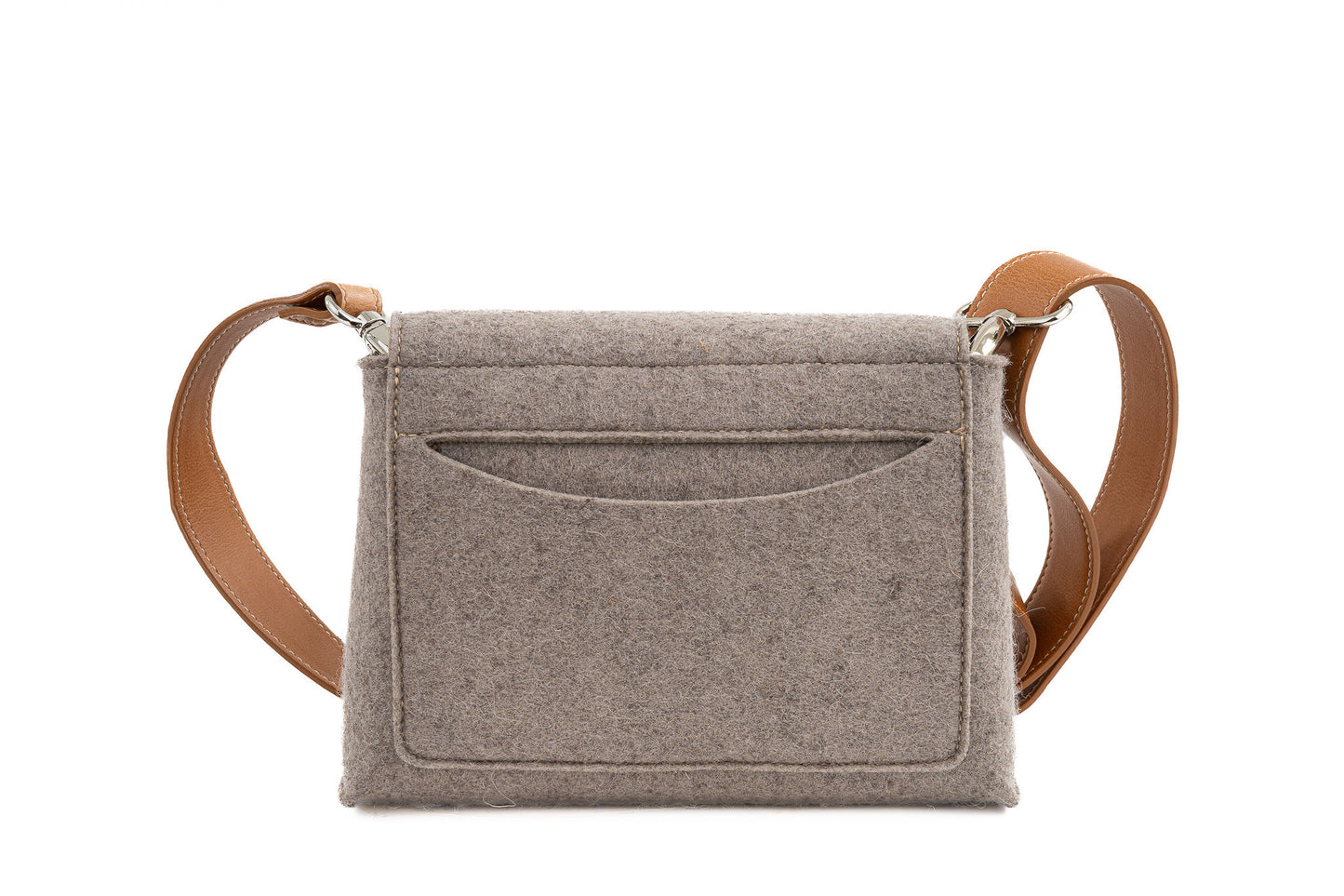 JOY Taupe Crossbody Bag, crafted from 3mm Merino wool felt and bio-based vegan leather. Features three pockets (2 external, 1 internal), flap closure with magnetic buttons, and an adjustable strap. Handmade in Italy with durability and eco-friendly qualities. Comes with a dust bag.