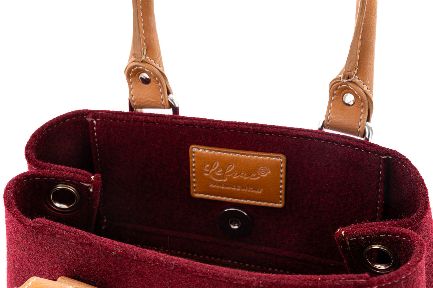 Chic EMMA MINI bag in merino wool felt and vegan leather. Roomy yet compact with detachable strap, 2 pockets, and magnetic closure. Handmade in Italy. -Lefrac