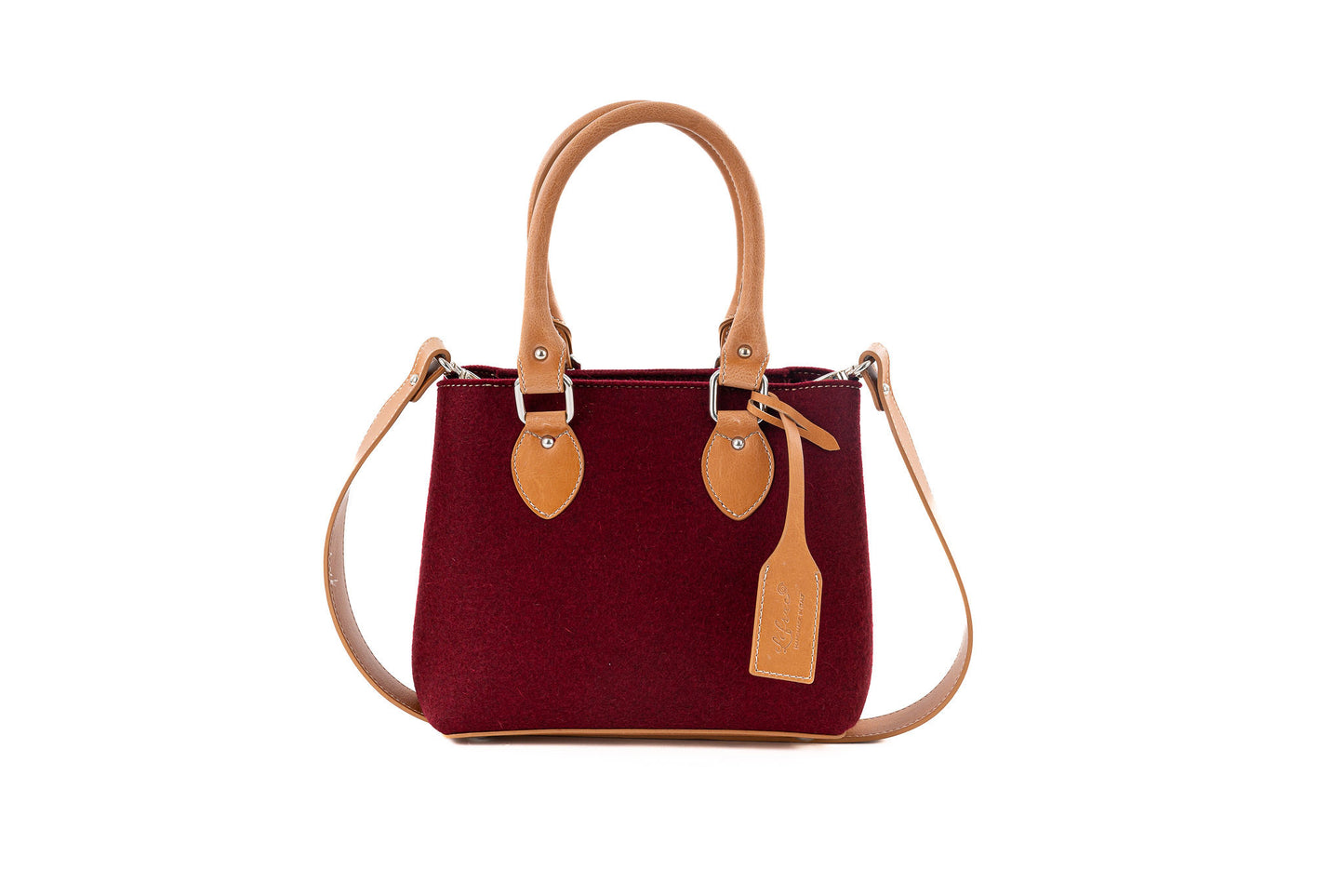Chic EMMA MINI bag in merino wool felt and vegan leather. Roomy yet compact with detachable strap, 2 pockets, and magnetic closure. Handmade in Italy. -Lefrac