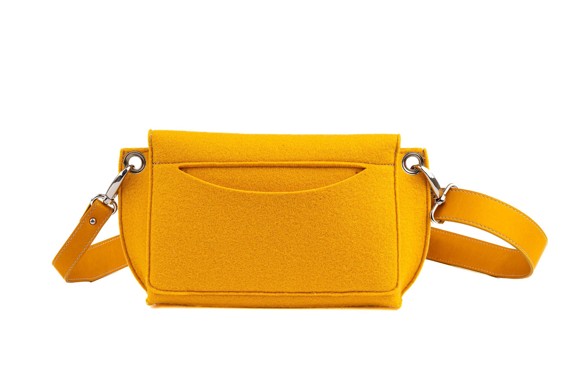 GREGOR Yellow Beltbag: A light, compact, yet spacious belt bag crafted from 3mm Merino wool felt and vegan leather. Features include two external pockets for large phones, a small internal pocket for essentials, a flap with magnetic closure, and an adjustable strap for versatile wear. Handmade in Italy. - Lefrac