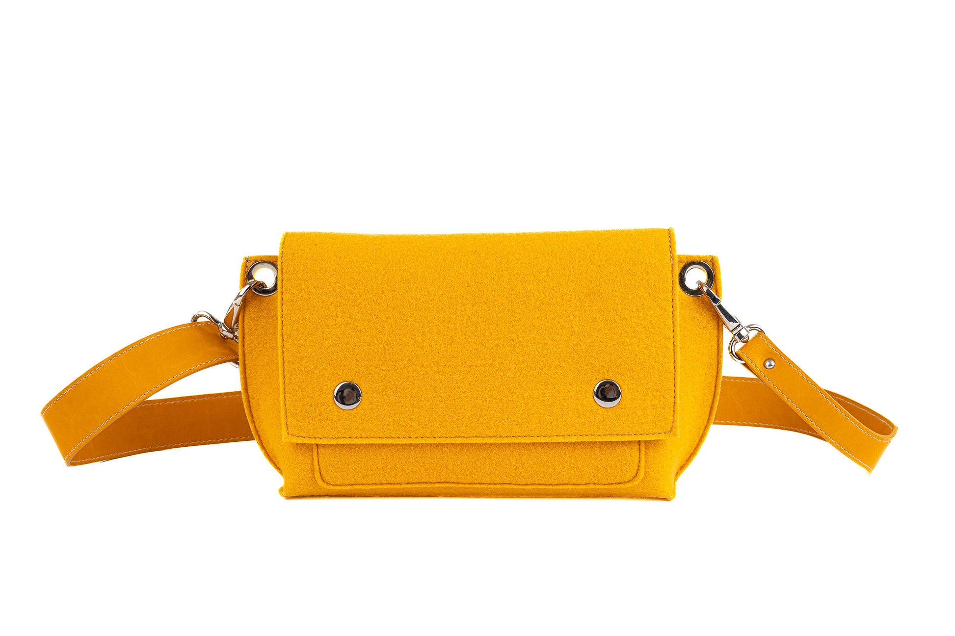 GREGOR Yellow Beltbag: A light, compact, yet spacious belt bag crafted from 3mm Merino wool felt and vegan leather. Features include two external pockets for large phones, a small internal pocket for essentials, a flap with magnetic closure, and an adjustable strap for versatile wear. Handmade in Italy. - Lefrac