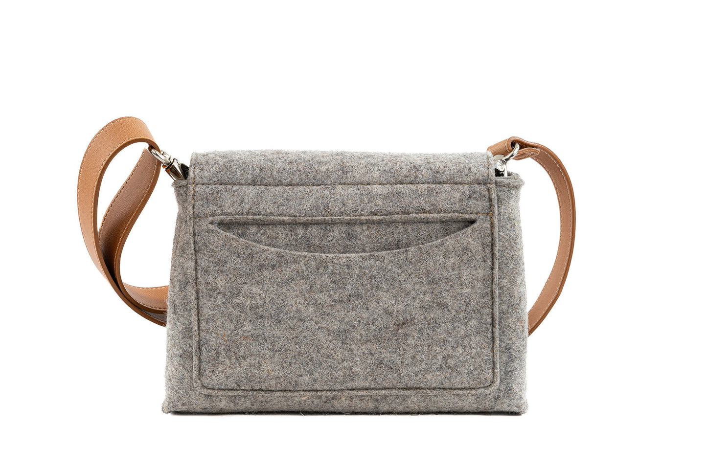 JOY Grey Crossbody Bag: Compact, ergonomic, and stylish with three pockets (2 external, 1 internal) for essentials. Features an adjustable vegan leather strap, flap with magnetic buttons, and a Lefrac logo pendant. Handmade in Italy, comes with a dust bag.