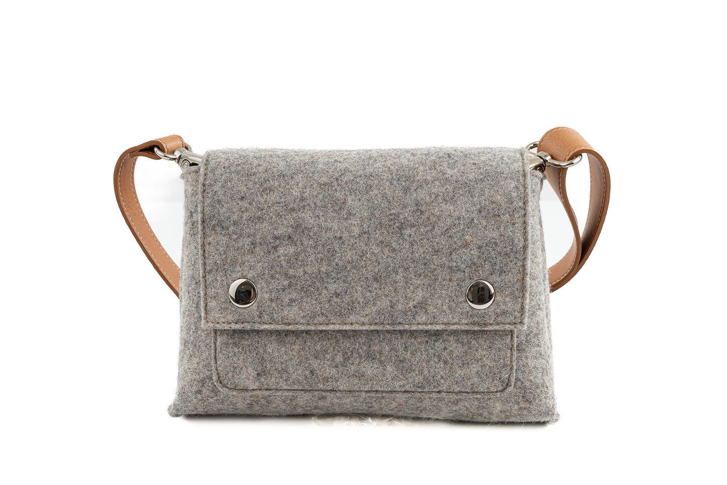 JOY Grey Crossbody Bag: Compact, ergonomic, and stylish with three pockets (2 external, 1 internal) for essentials. Features an adjustable vegan leather strap, flap with magnetic buttons, and a Lefrac logo pendant. Handmade in Italy, comes with a dust bag.