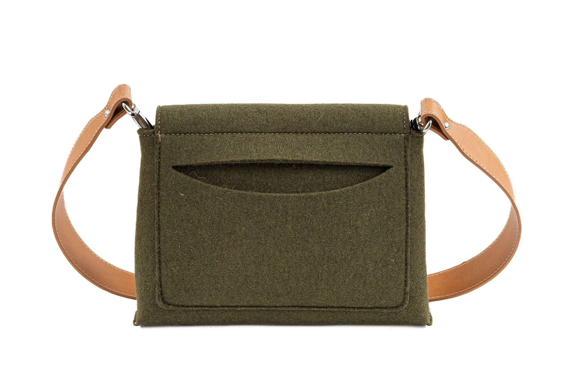 JOY Moss Green Crossbody Bag: Small, ergonomic, and stylish with three pockets (2 external, 1 internal) for essentials. Features an adjustable vegan leather strap, flap closure with magnetic buttons, and a versatile design for comfort and convenience. Ideal for daily errands.