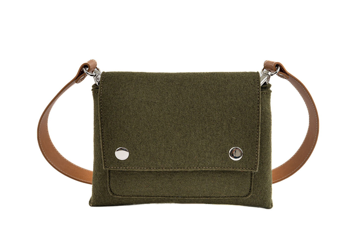 JOY Moss Green Crossbody Bag: Small, ergonomic, and stylish with three pockets (2 external, 1 internal) for essentials. Features an adjustable vegan leather strap, flap closure with magnetic buttons, and a versatile design for comfort and convenience. Ideal for daily errands.