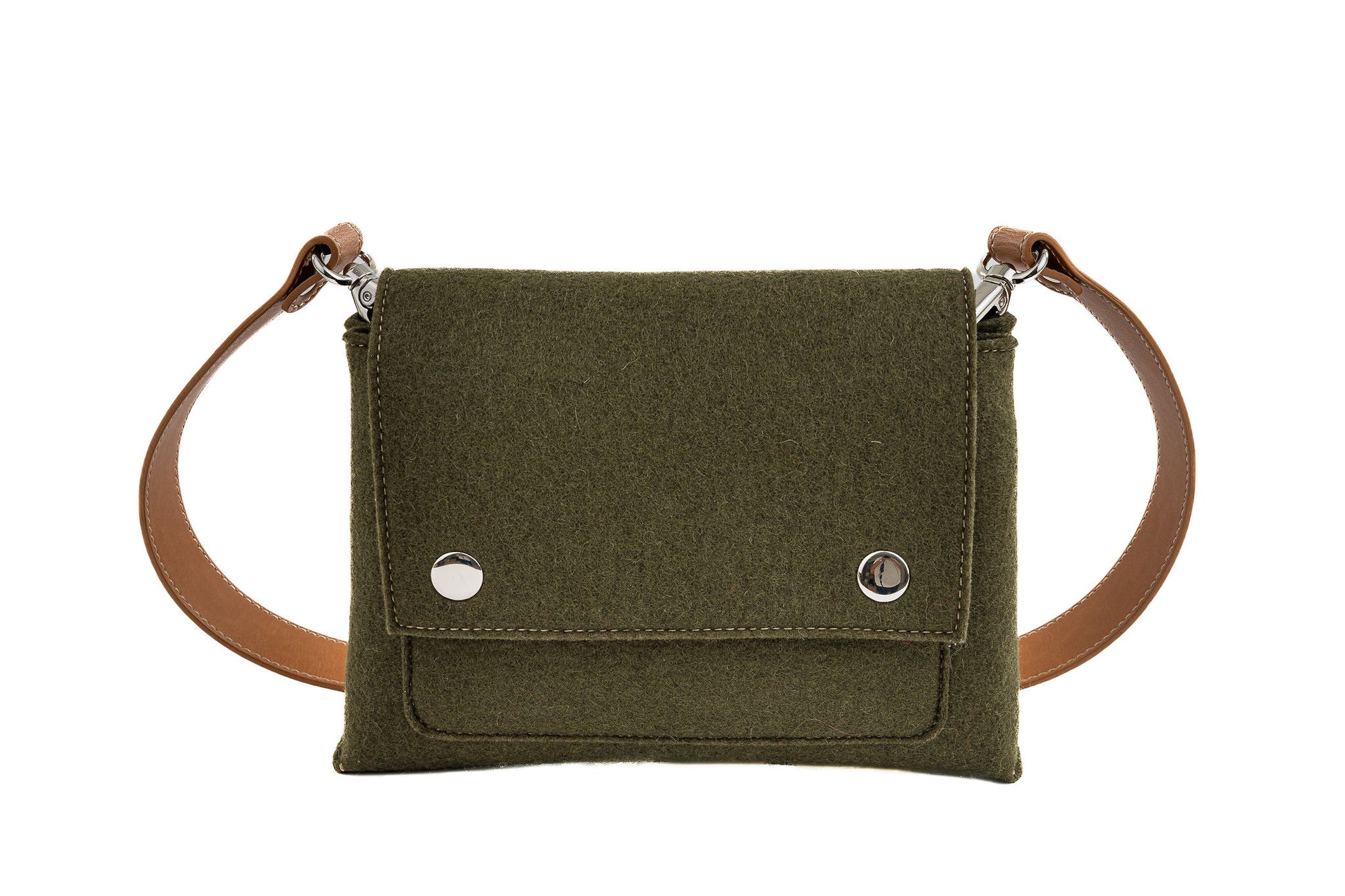 JOY Moss Green Crossbody Bag: Small, ergonomic, and stylish with three pockets (2 external, 1 internal) for essentials. Features an adjustable vegan leather strap, flap closure with magnetic buttons, and a versatile design for comfort and convenience. Ideal for daily errands.