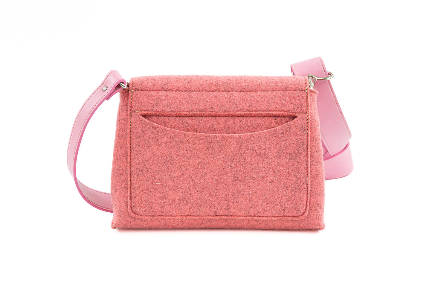 JOY Pink Crossbody Bag: Small, ergonomic, and versatile with three pockets (2 external, 1 internal) for essentials. Features an adjustable vegan leather strap, flap closure with magnetic buttons, and a Lefrac logo pendant. Handmade in Italy and includes a dust bag.