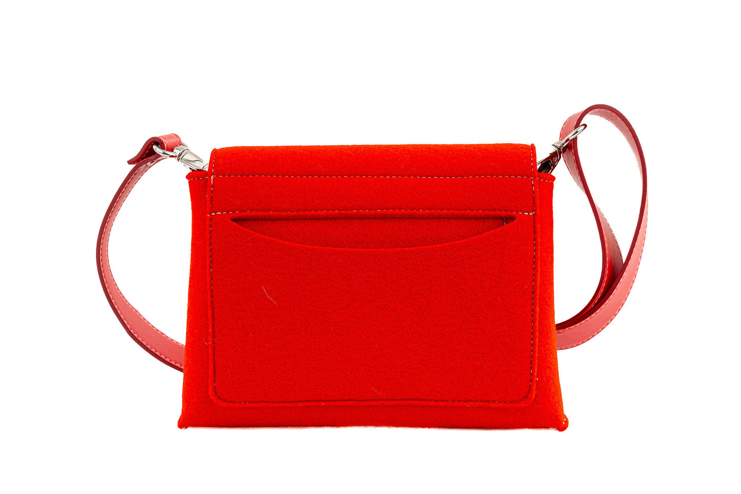 JOY Red Crossbody Bag: Stylish and practical with a comfortable design. Features vibrant colors, three pockets (2 external, 1 internal), adjustable vegan leather strap, flap closure with magnetic buttons, and a pendant plate with Lefrac logo. Handmade in Italy, includes dust bag.