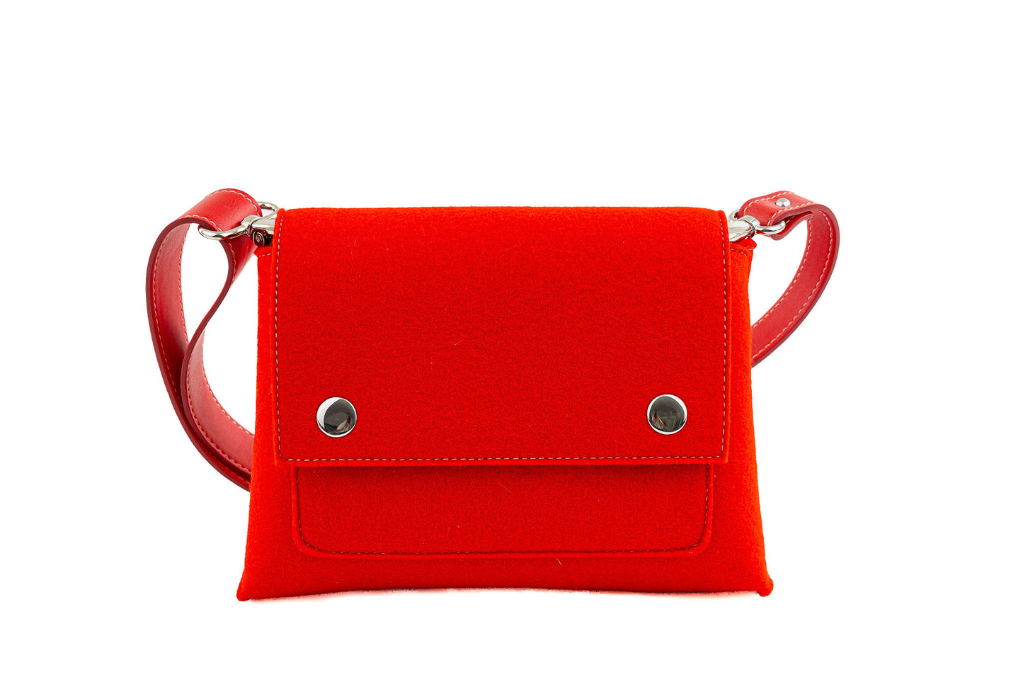 JOY Red Crossbody Bag: Stylish and practical with a comfortable design. Features vibrant colors, three pockets (2 external, 1 internal), adjustable vegan leather strap, flap closure with magnetic buttons, and a pendant plate with Lefrac logo. Handmade in Italy, includes dust bag.