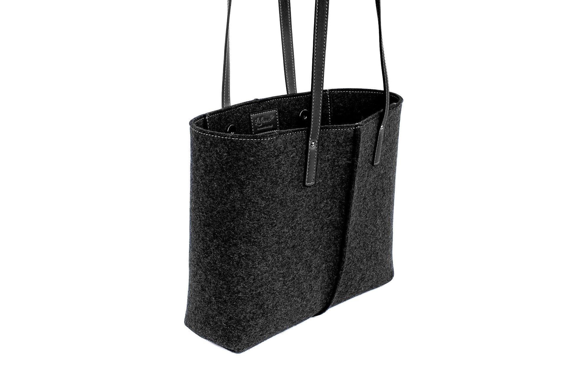 Tote Bag Medium Charcoal Grey made of Merino wool felt and vegan leather, with 2 inside pockets and magnetic buttons for easy access.-Lefrac