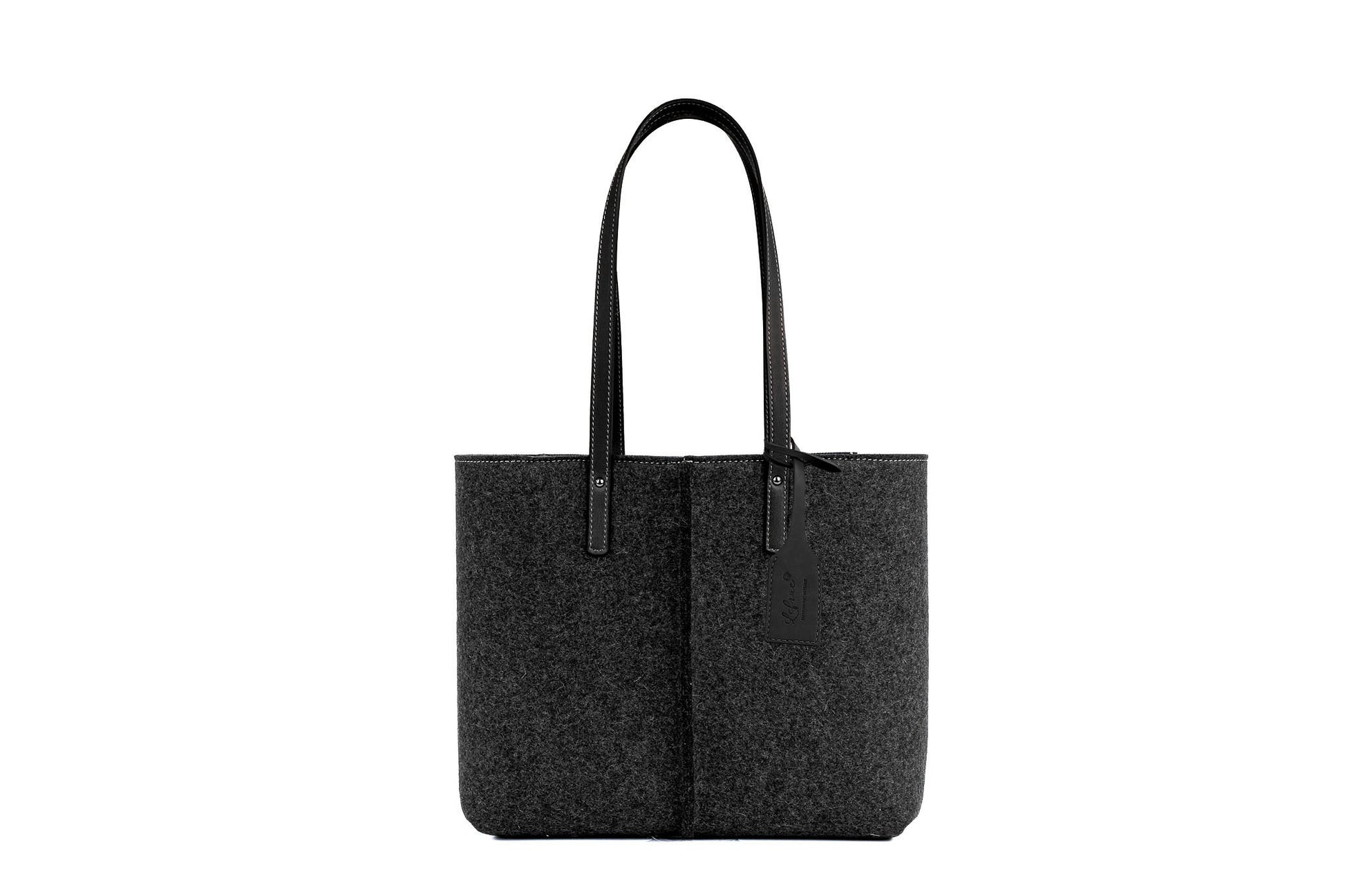 Tote Bag Medium Charcoal Grey made of Merino wool felt and vegan leather, with 2 inside pockets and magnetic buttons for easy access.-Lefrac
