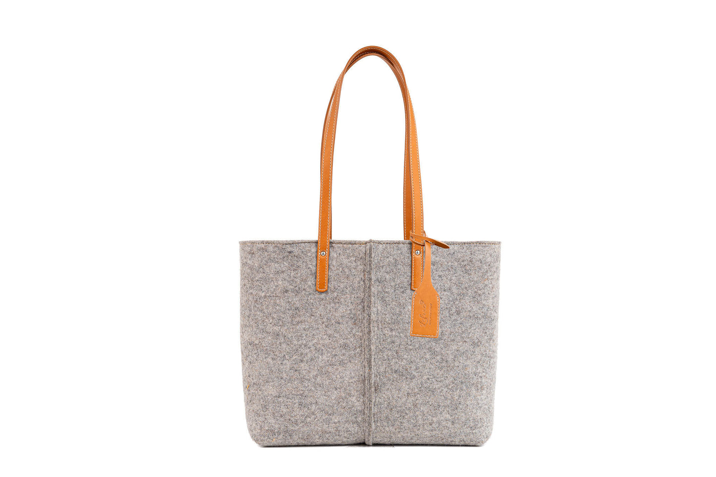 Tote Bag Medium Grey in durable Merino wool felt and vegan leather. Features 2 pockets, magnetic buttons, and is handmade in Italy.-Lefrac