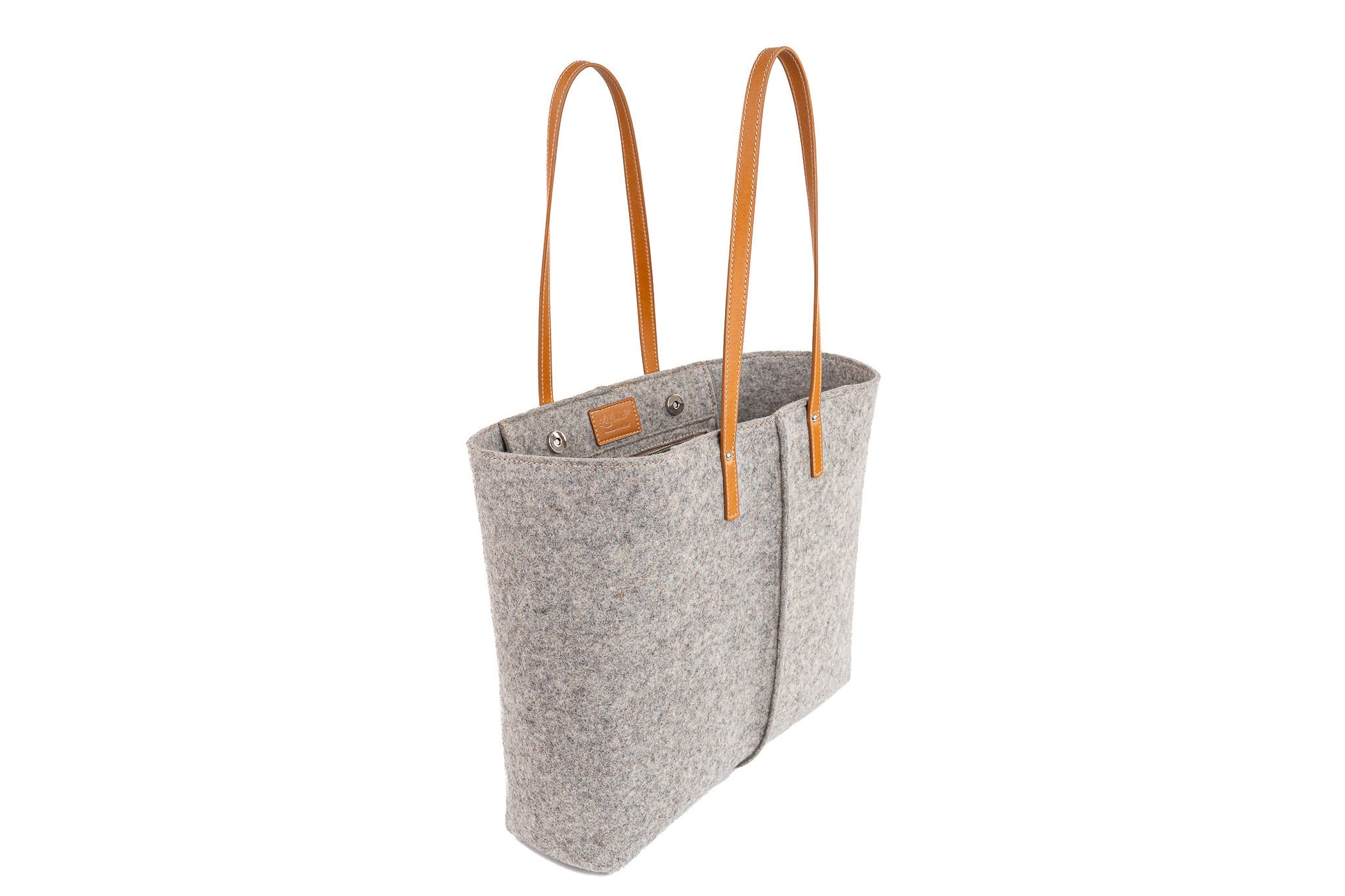 Tote Bag Medium Grey in durable Merino wool felt and vegan leather. Features 2 pockets, magnetic buttons, and is handmade in Italy.-Lefrac