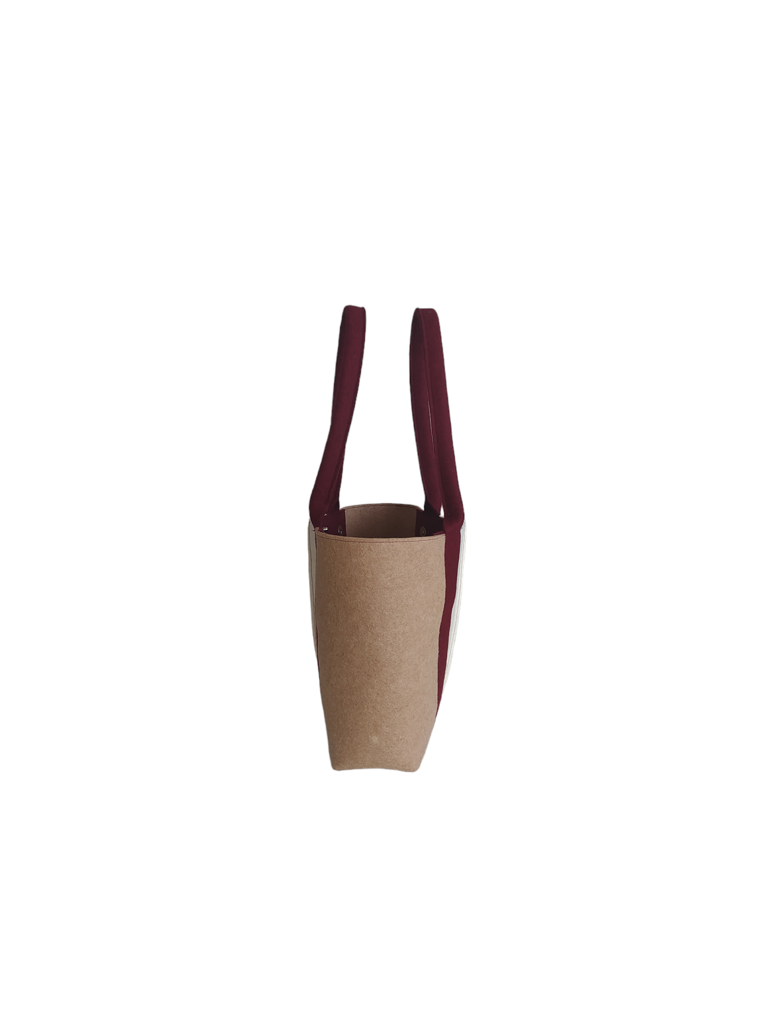 High-quality Merino wool felt tote bag, lighter and sturdier than leather. Features 4 internal pockets, magnetic buttons, and a spacious design. Handmade in Italy. Available in Camel, Bordeaux, and White.-Lefrac