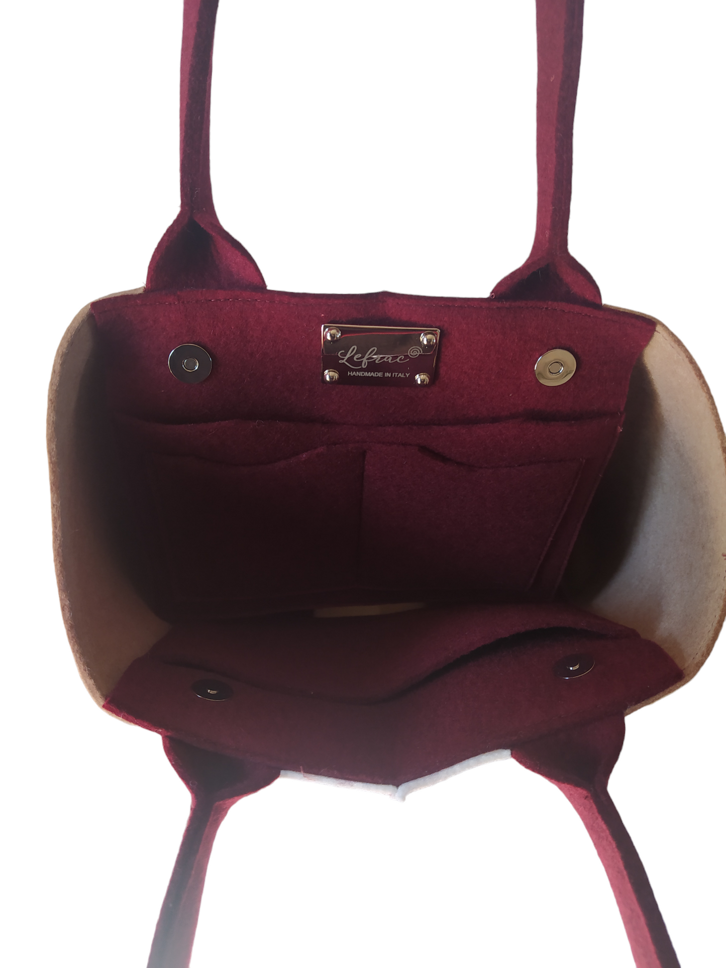 High-quality Merino wool felt tote bag, lighter and sturdier than leather. Features 4 internal pockets, magnetic buttons, and a spacious design. Handmade in Italy. Available in Camel, Bordeaux, and White.-Lefrac
