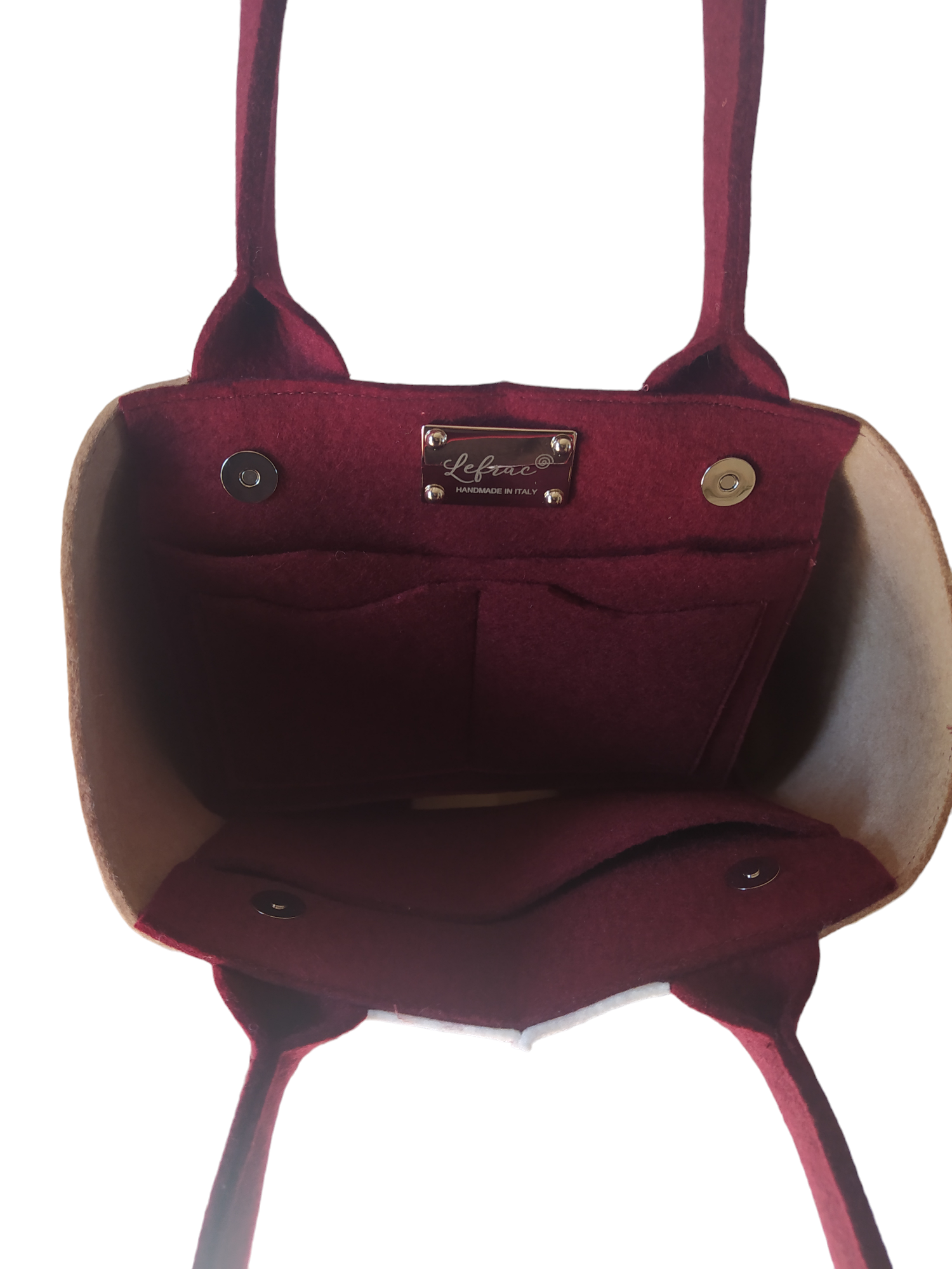 High-quality Merino wool felt tote bag, lighter and sturdier than leather. Features 4 internal pockets, magnetic buttons, and a spacious design. Handmade in Italy. Available in Camel, Bordeaux, and White.-Lefrac