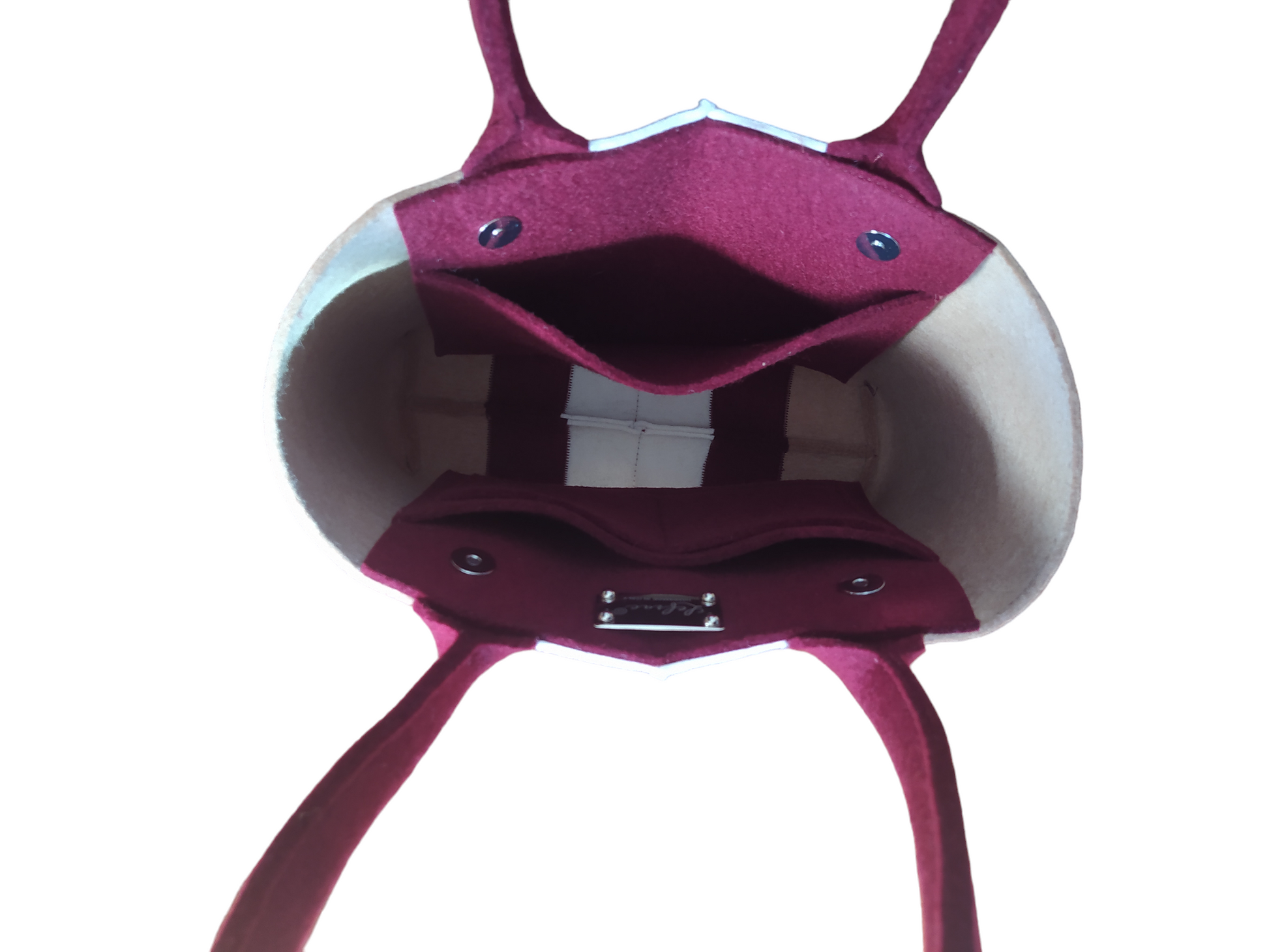High-quality Merino wool felt tote bag, lighter and sturdier than leather. Features 4 internal pockets, magnetic buttons, and a spacious design. Handmade in Italy. Available in Camel, Bordeaux, and White.-Lefrac